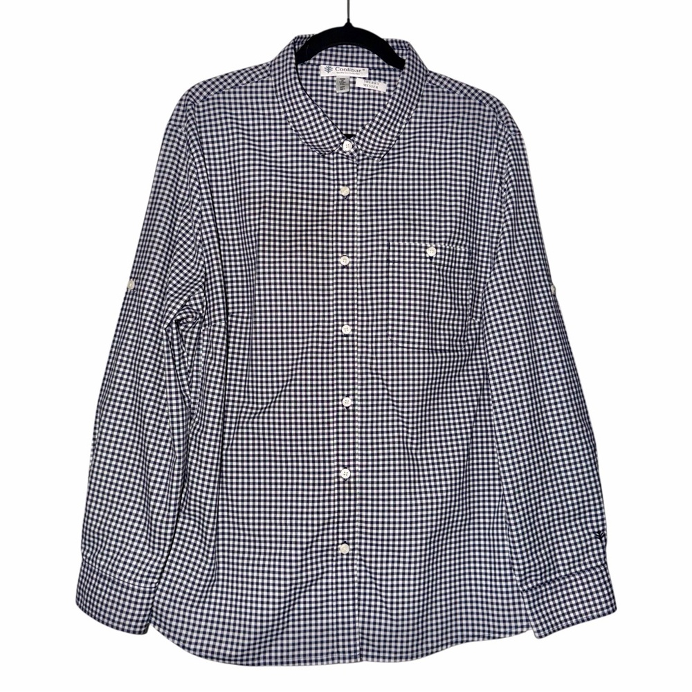 Coolibar Men's Navy Blue and White Gingham Button Down Shirt.